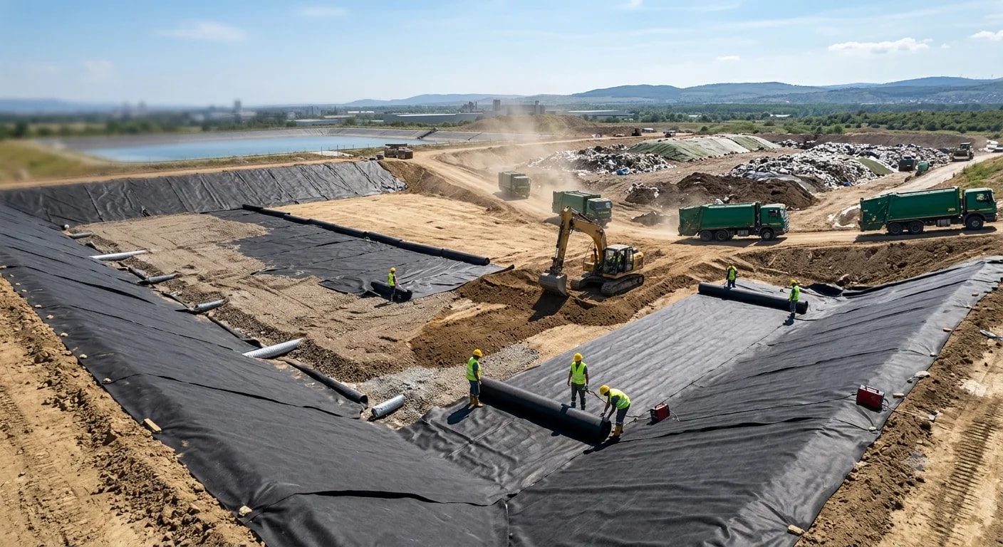Aerial view of a landfill cell lined with geomembrane