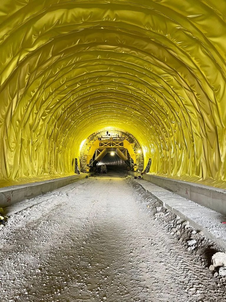PVC geomembrane waterproofing liner applied to a tunnel arch