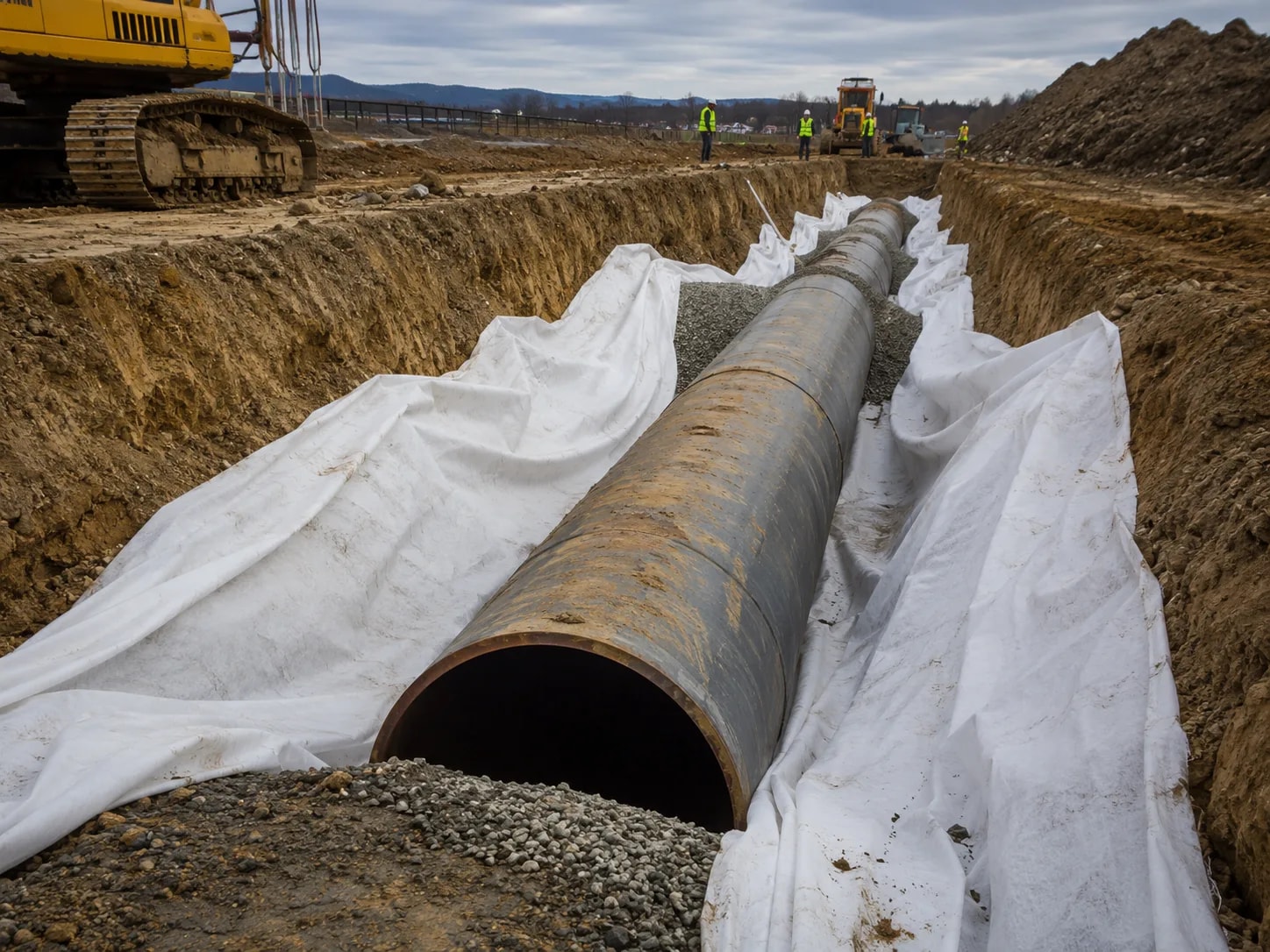 Pipeline trench with geotextile-wrapped pipe installation